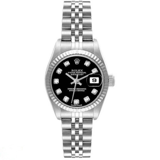ساعت رولکس دیت جاست زنانه نقره ای صفحه مشکی ایندکس نگین Rolex Datejust silver